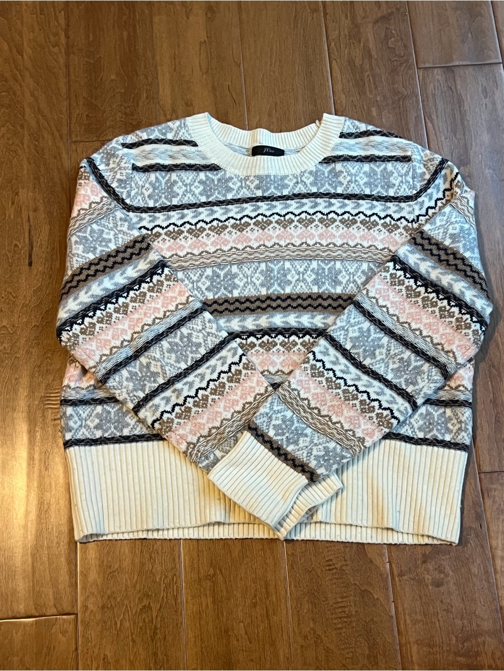 J. Crew Cream Fair Isle Knit Pullover Sweater with Pink & Gray Pattern